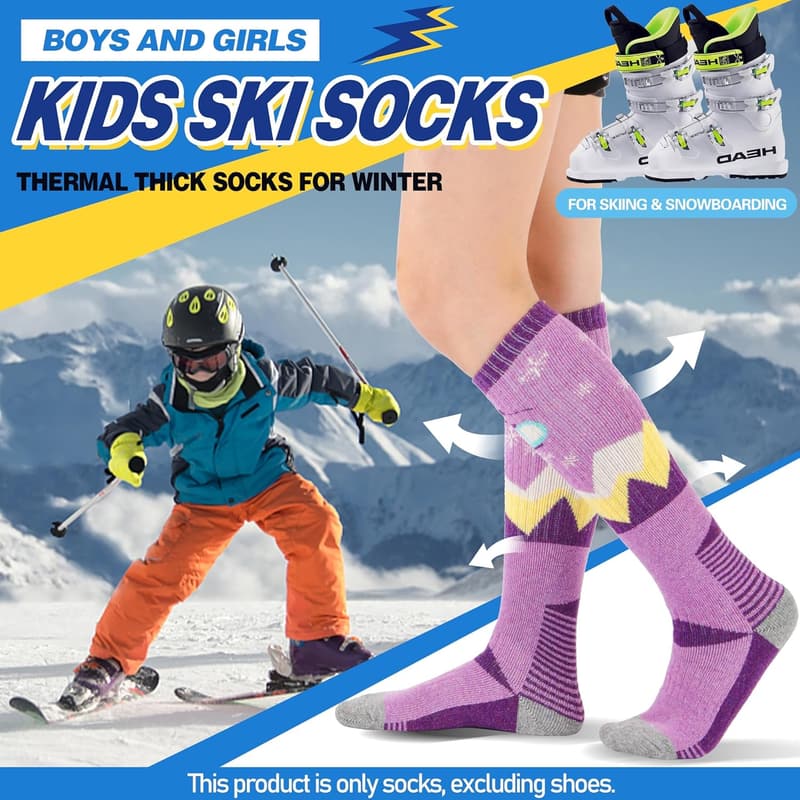 Kids' Merino Wool Ski Socks - 3 Pairs for Winter Fun
