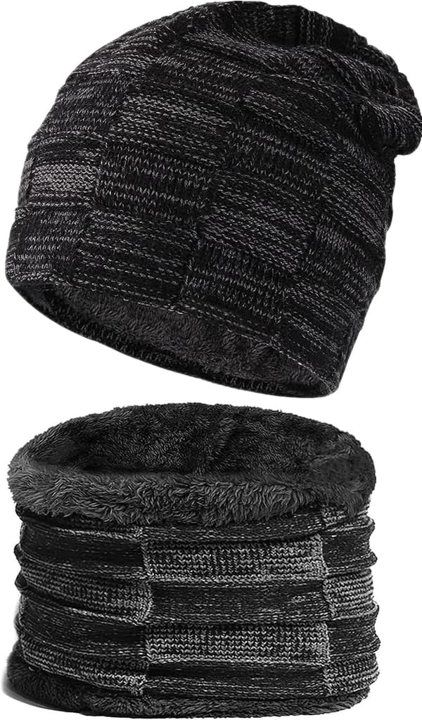 Men's Winter Beanie & Scarf Set - Warm Knit & Fleece Lined