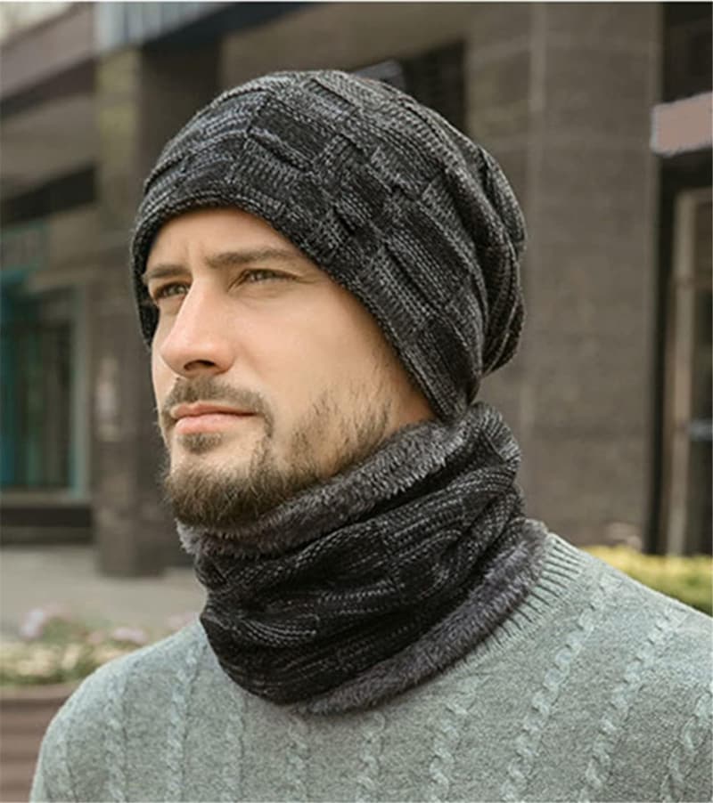 Men's Winter Beanie & Scarf Set - Warm Knit & Fleece Lined