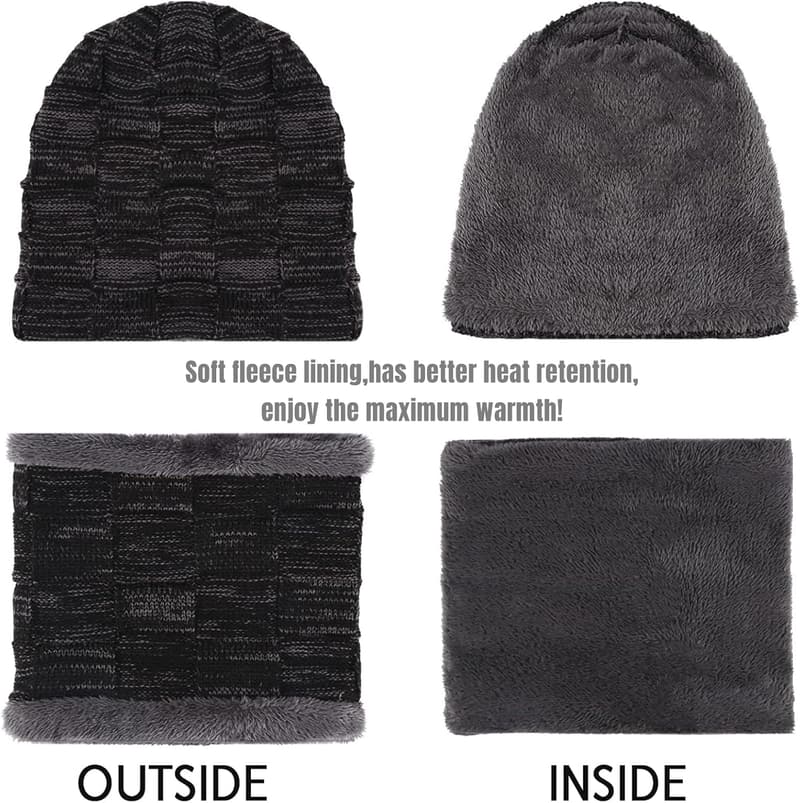 Men's Winter Beanie & Scarf Set - Warm Knit & Fleece Lined