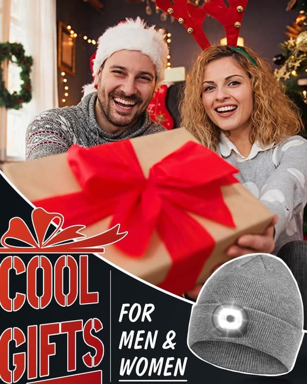 Unisex Winter Knit Beanie Headlamp - Rechargeable LED Gift for Dad