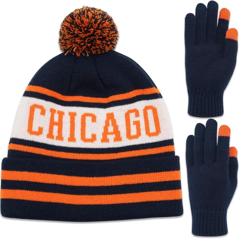 Winter Knit Beanie Hat with Pom and Gloves for Women