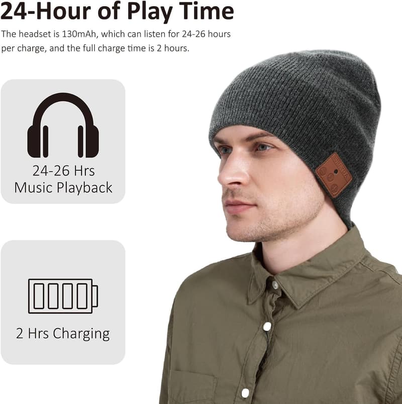 Bluetooth Merino Wool Beanie Hat for Men and Women - Charcoal