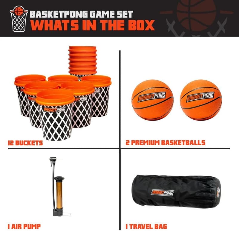 Giant Yard Pong & Basketball Game Set with 12 Buckets & 2 Balls
