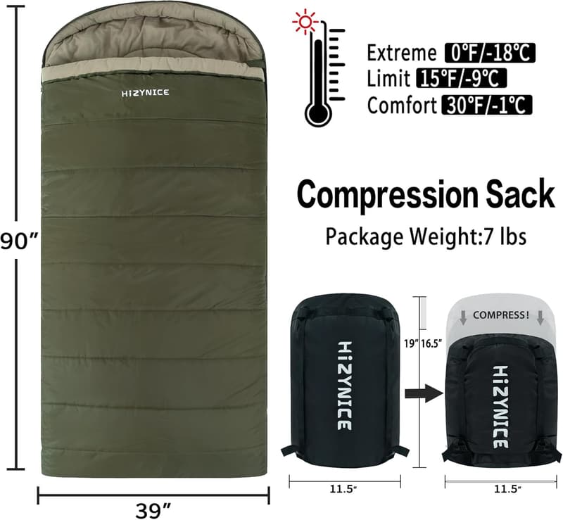 XXL Cold Weather Sleeping Bag - 100% Cotton Flannel, 0°F