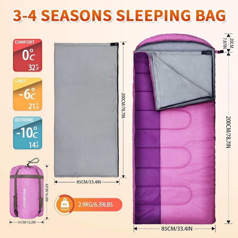 10 Degree Waterproof Sleeping Bag for Adults, 3-4 Season