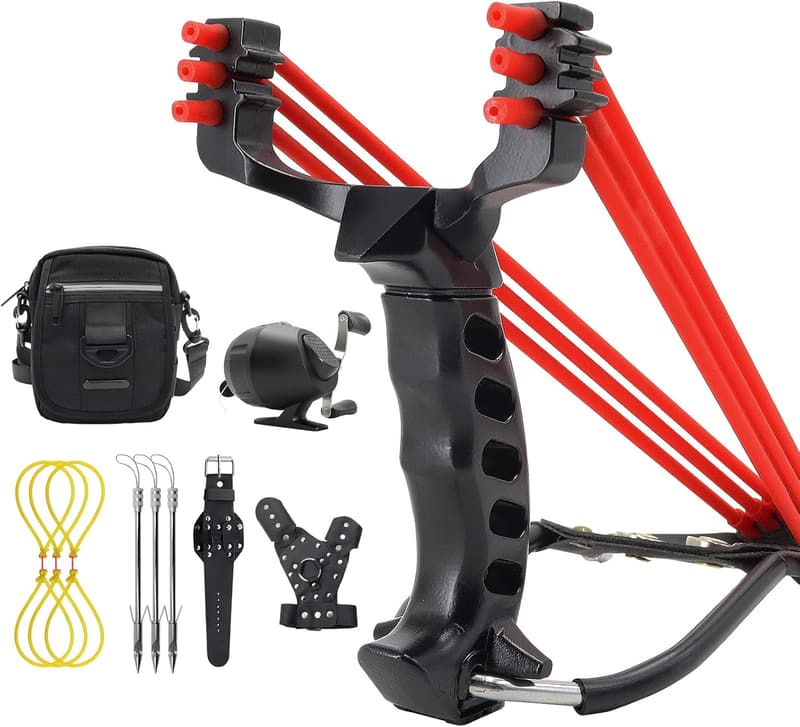 Fishing Reel Slingshot Catapult with Fish Broadheads & Bag