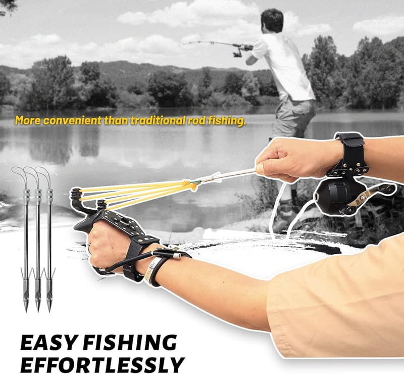 Fishing Reel Slingshot Catapult with Fish Broadheads & Bag