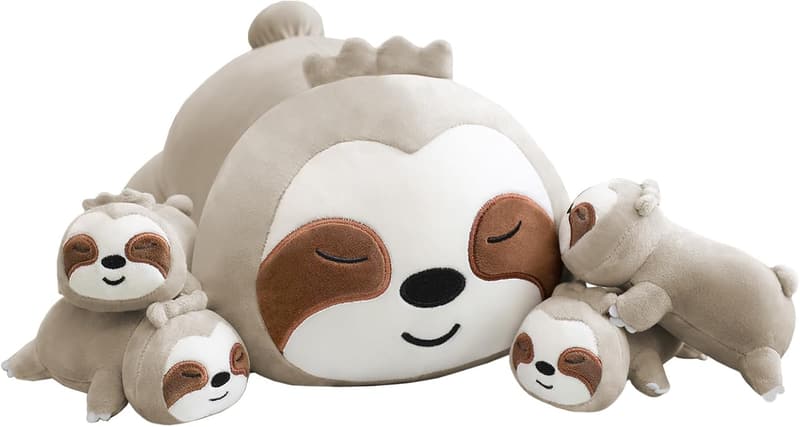 Cute Sloth Plush Pillow with 4 Baby Stuffed Animals for Kids