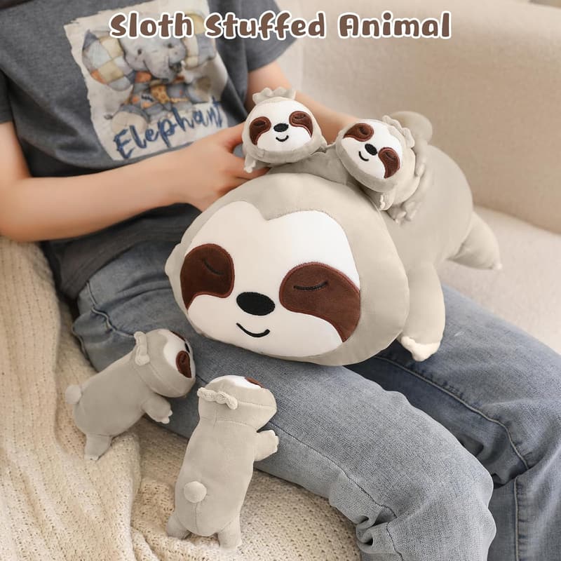 Cute Sloth Plush Pillow with 4 Baby Stuffed Animals for Kids