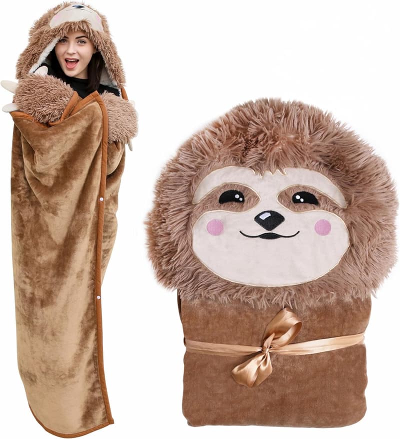 Cozy Sloth Hooded Blanket with Sherpa and Fleece for All Ages
