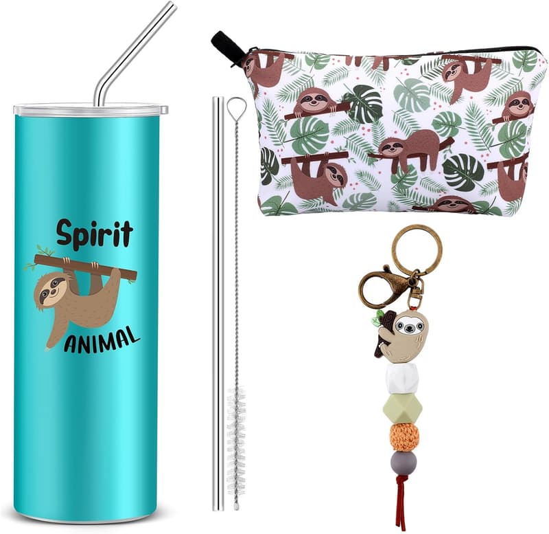 Sloth Gifts for Women: 20 oz Travel Tumbler & Makeup Bag Set