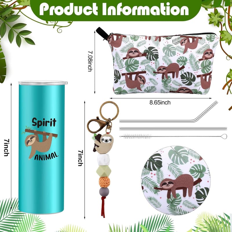 Sloth Gifts for Women: 20 oz Travel Tumbler & Makeup Bag Set