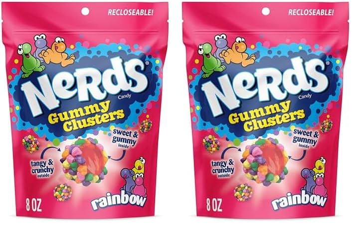 Rainbow Nerds Gummy Clusters Candy, Resealable 8 oz Bag (Pack of 2)