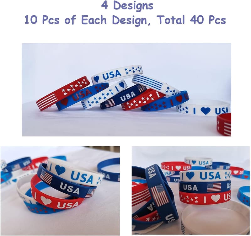 40 Pcs Patriotic Silicone Bracelets for 4th of July Celebrations
