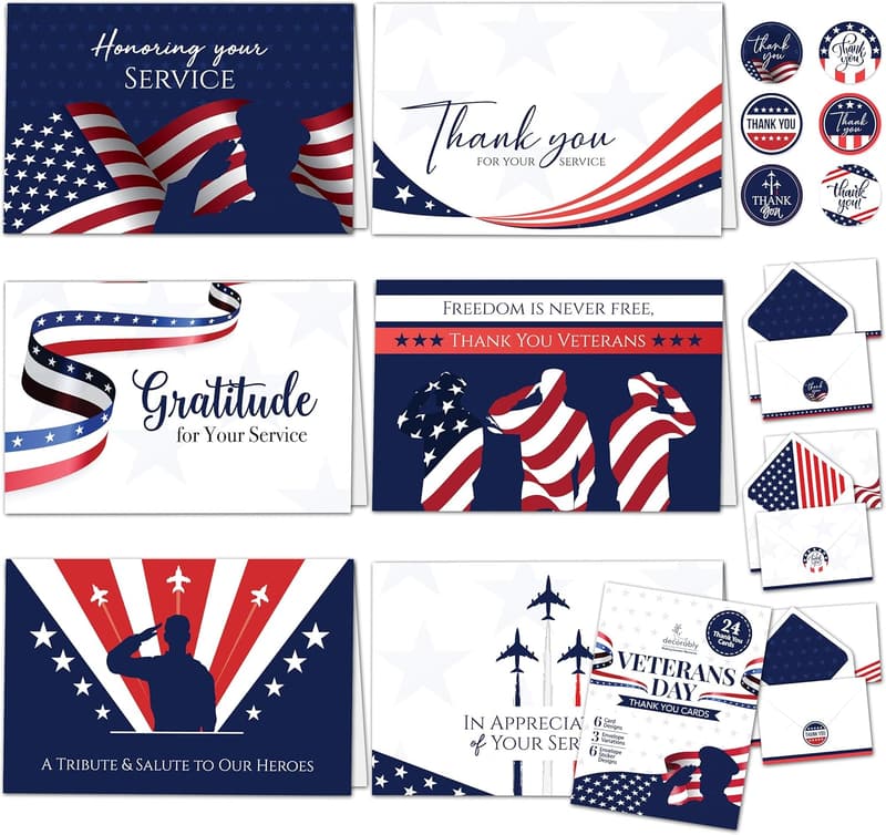 Patriotic Thank You Cards for Veterans - 24 Pack with Envelopes