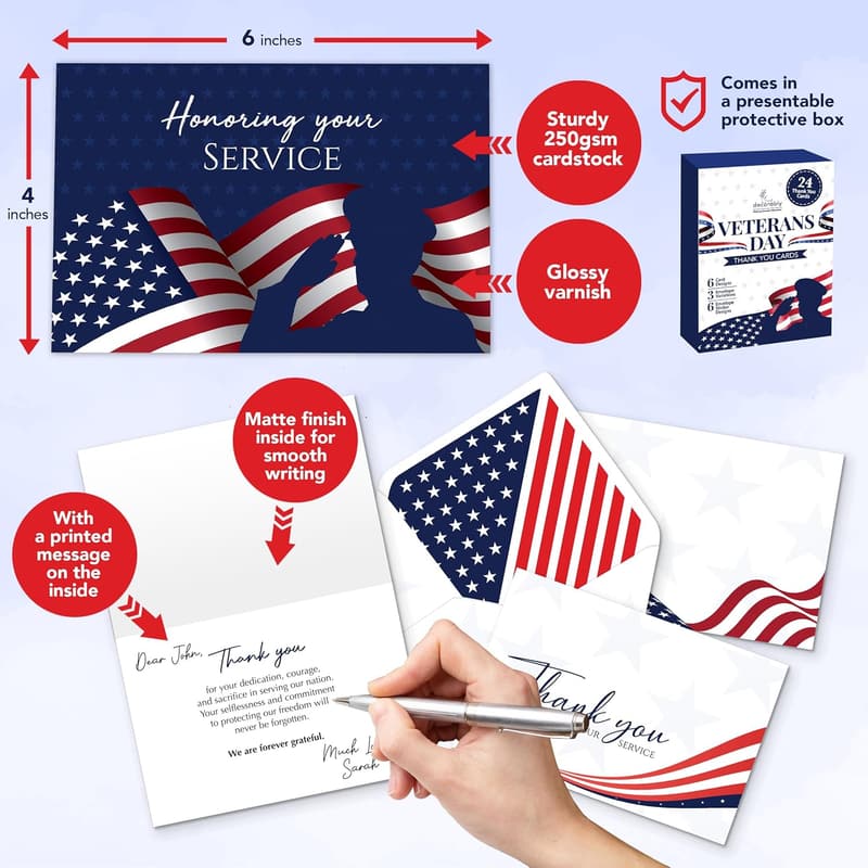 Patriotic Thank You Cards for Veterans - 24 Pack with Envelopes