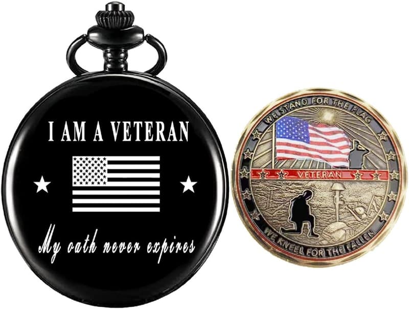 Veterans Day Pocket Watch with Military Challenge Coin