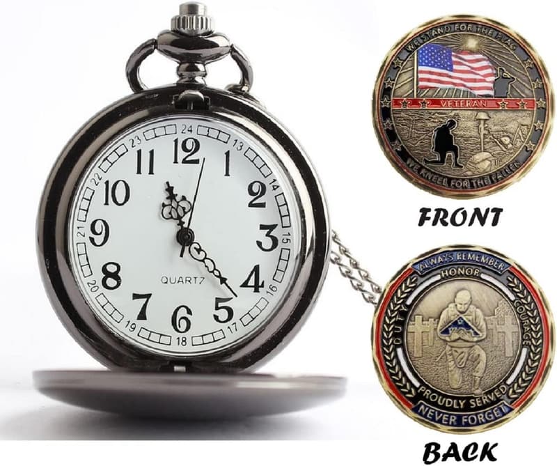 Veterans Day Pocket Watch with Military Challenge Coin