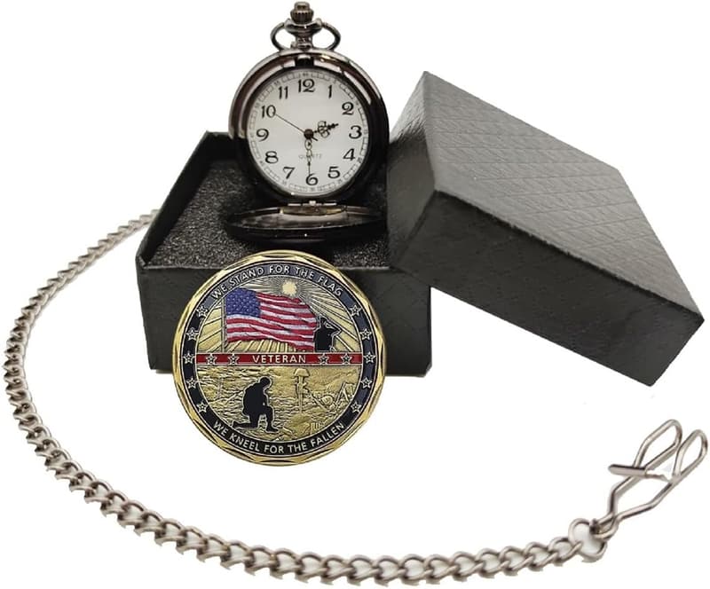 Veterans Day Pocket Watch with Military Challenge Coin
