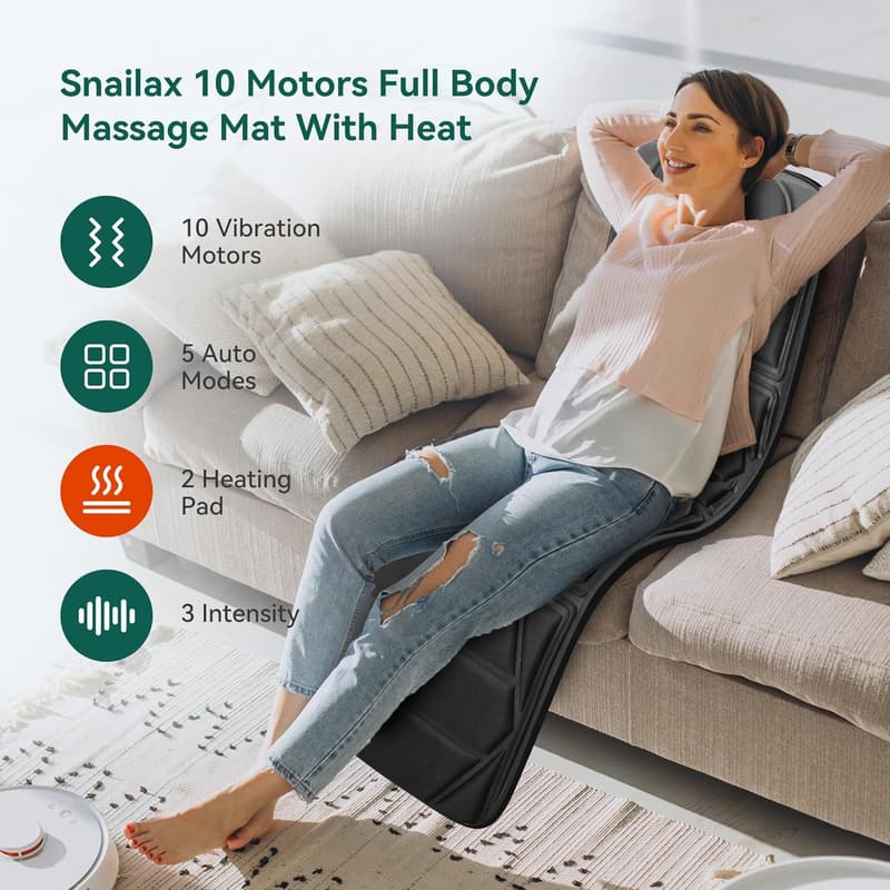 Snailax Heated Massage Mat with 10 Motors for Full Body Relief