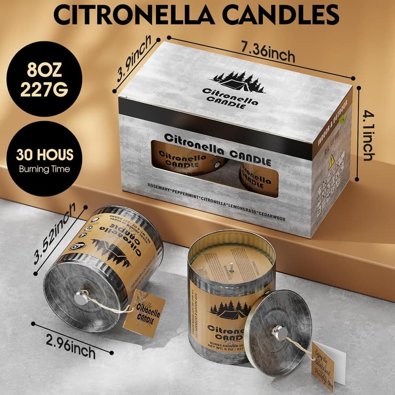 Citronella Outdoor Candles - 2-Pack Soy Wax, 80H Burn Time
