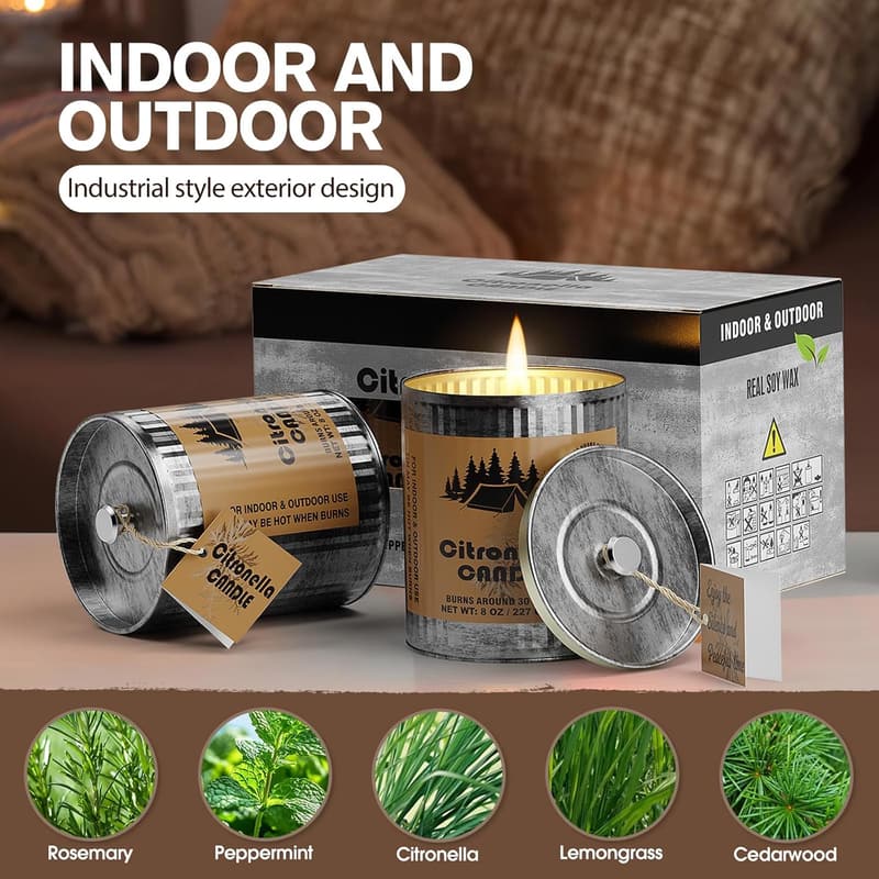 Citronella Outdoor Candles - 2-Pack Soy Wax, 80H Burn Time