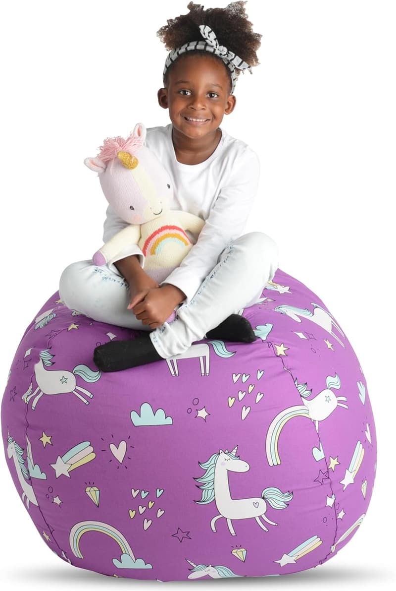 Purple Unicorn Stuffed Animal Storage Bean Bag Cover for Kids