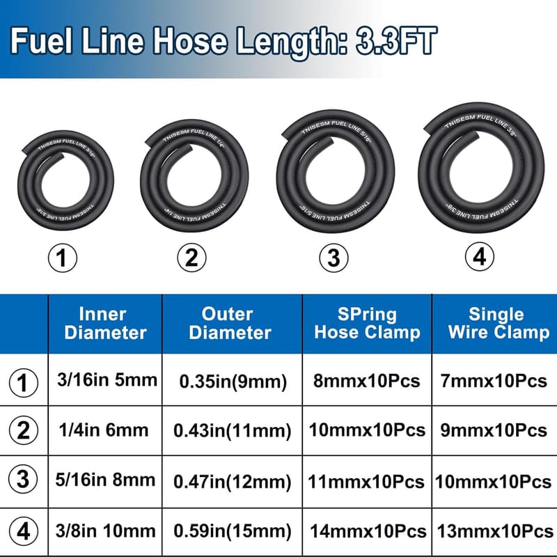 4 Sizes Fuel Hose Line with Clamps for Small Engines - 3ft