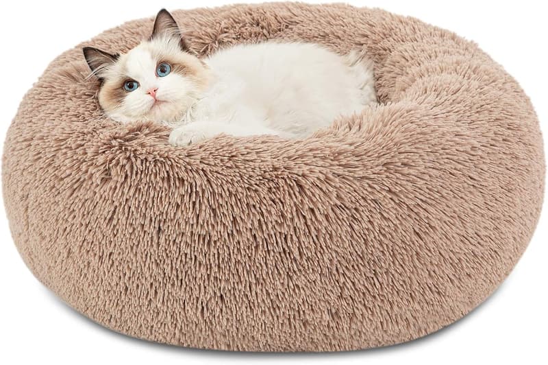 Calming Round Plush Cat Bed - Washable Faux Fur for Indoor Cats
