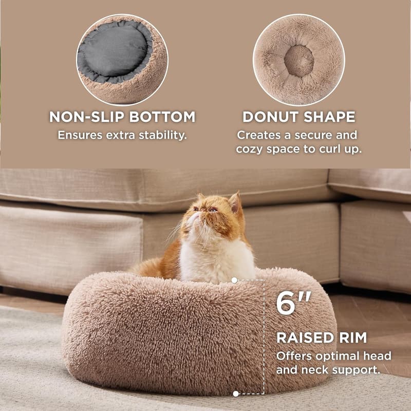 Calming Round Plush Cat Bed - Washable Faux Fur for Indoor Cats