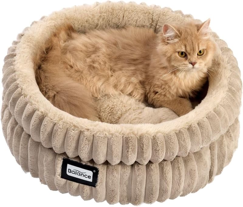 Washable Round Plush Cat Bed with Anti-Slip Bottom