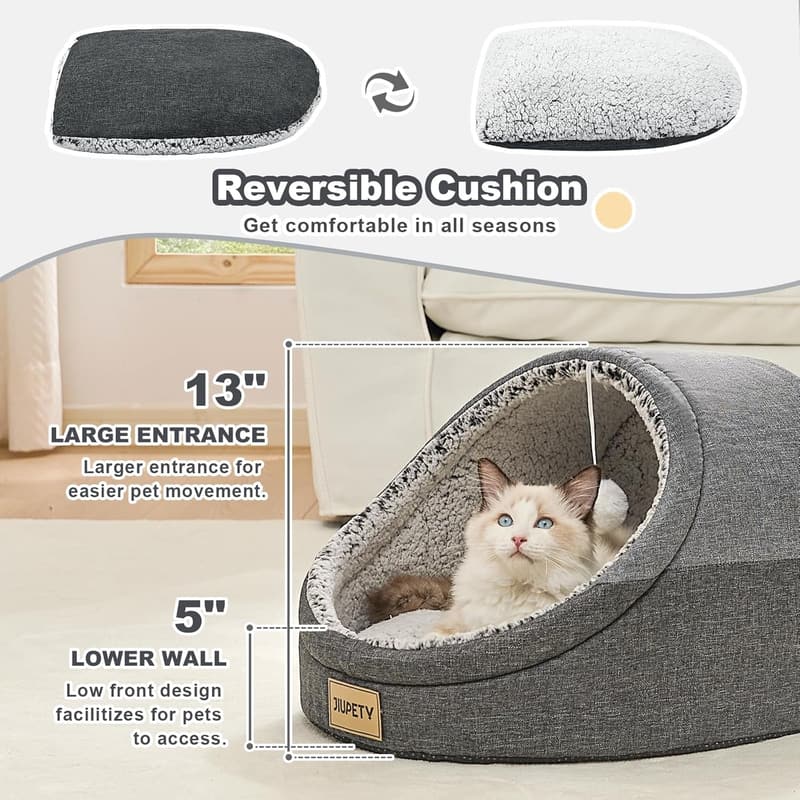 Large Cat Cave Bed with Washable Cushion for Indoor Cats