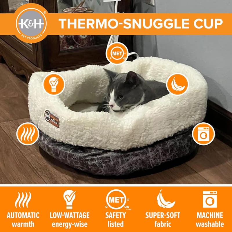 Heated Cat Bed for Large Cats & Small Dogs - Machine Washable, 14x18in Gray