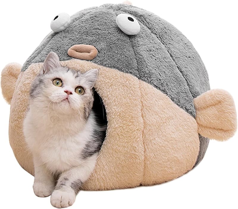 Cozy Grey Cat Bed Cave with Washable Plush Pillow, L Size