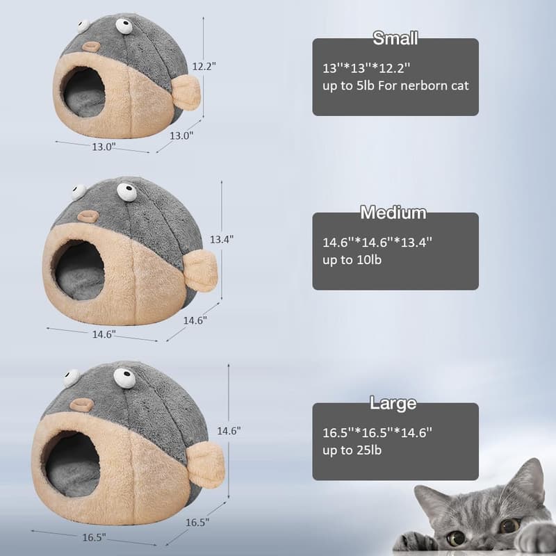 Cozy Grey Cat Bed Cave with Washable Plush Pillow, L Size