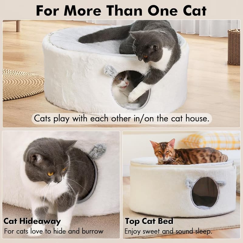 Fluffy Cat Cave Bed with Removable Cover for Indoor Pets