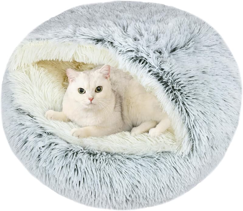 Cozy Round Plush Hooded Cat Bed for Puppies and Kittens