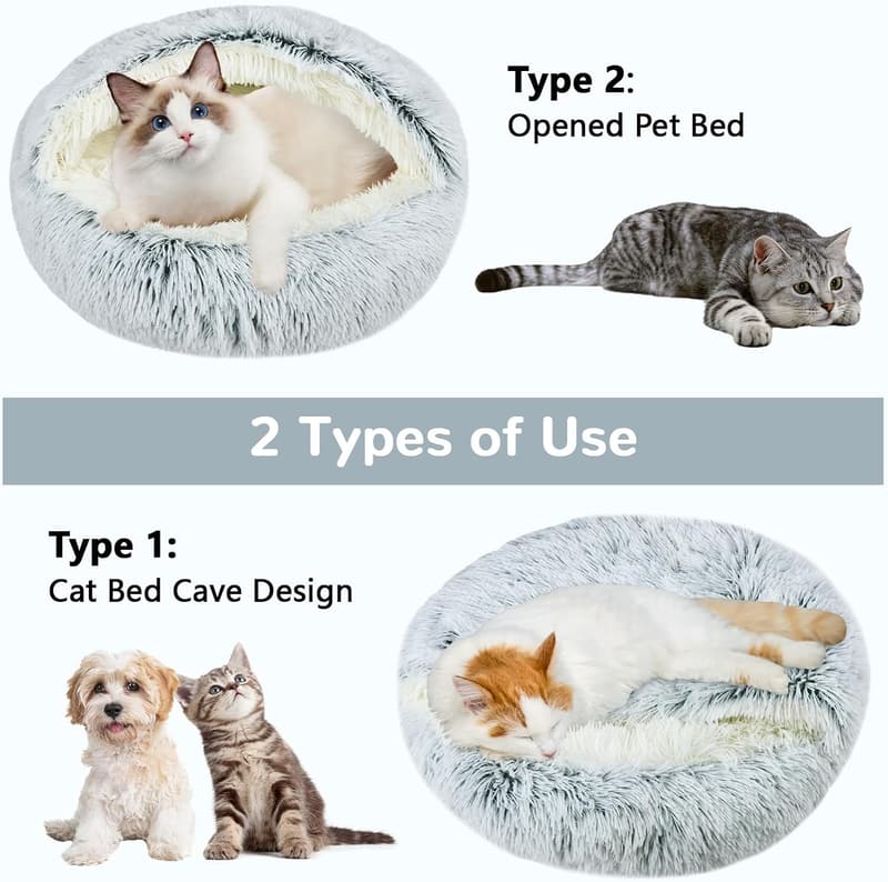 Cozy Round Plush Hooded Cat Bed for Puppies and Kittens