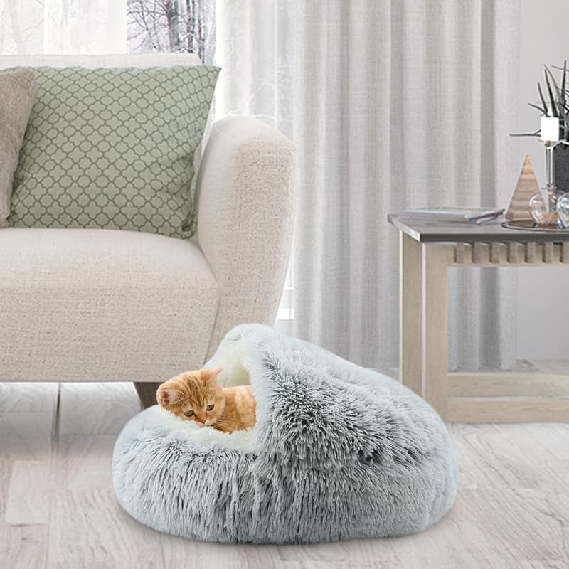 Cozy Round Plush Hooded Cat Bed for Puppies and Kittens