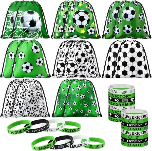 32 Pcs Soccer Party Favor Set with Drawstring Bags & Wristbands