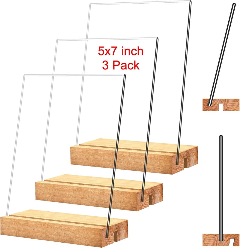 Acrylic Sign Holder with Wood Base for Vertical or Slant Display (5x7)