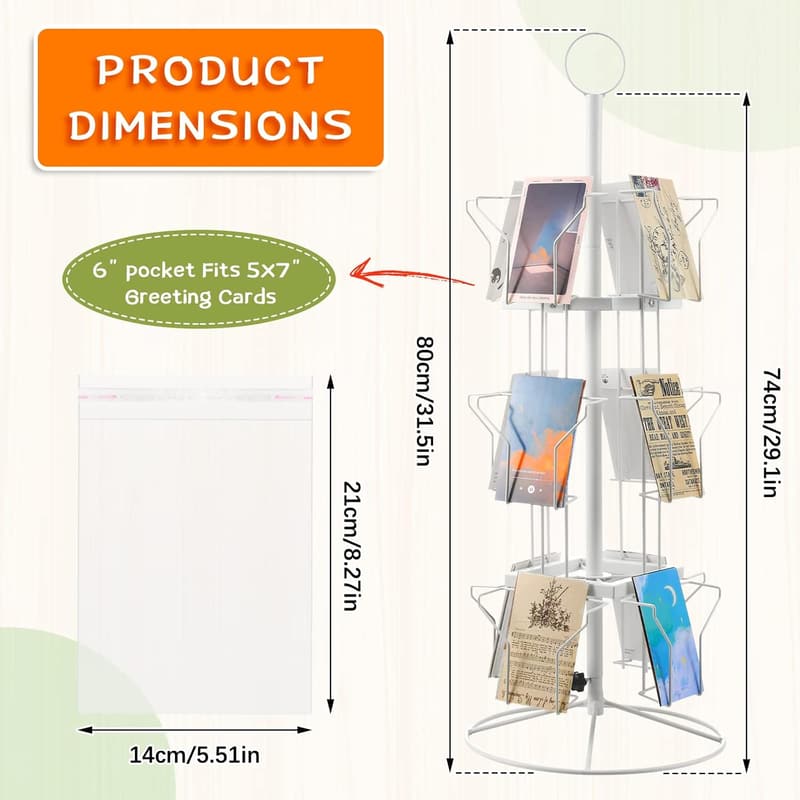Rotating 3-Tier Greeting Card Display Stand with 200 Bags
