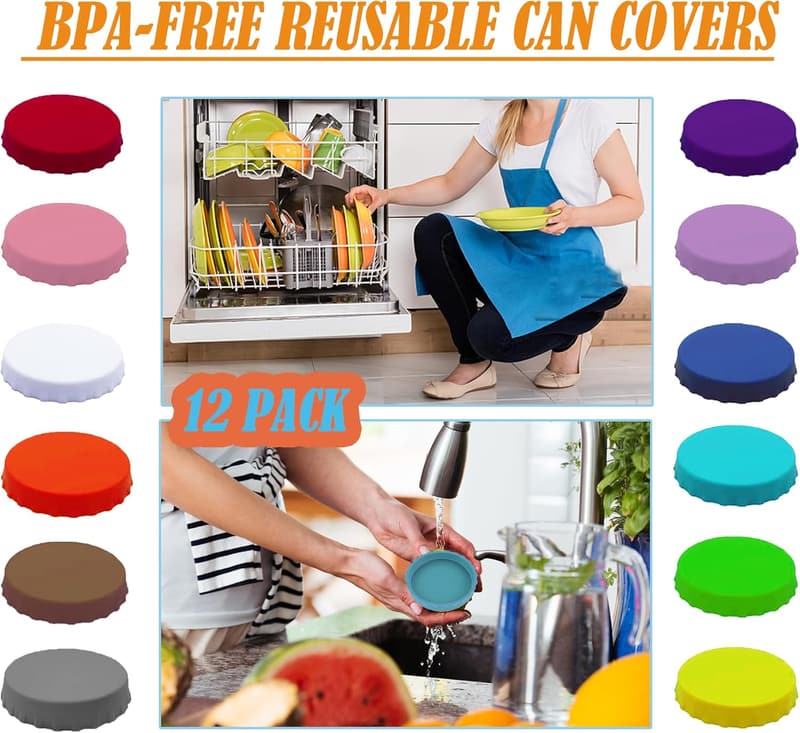 Colorful Silicone Drink Can Lids Set of 12 - Spill-Proof & Reusable