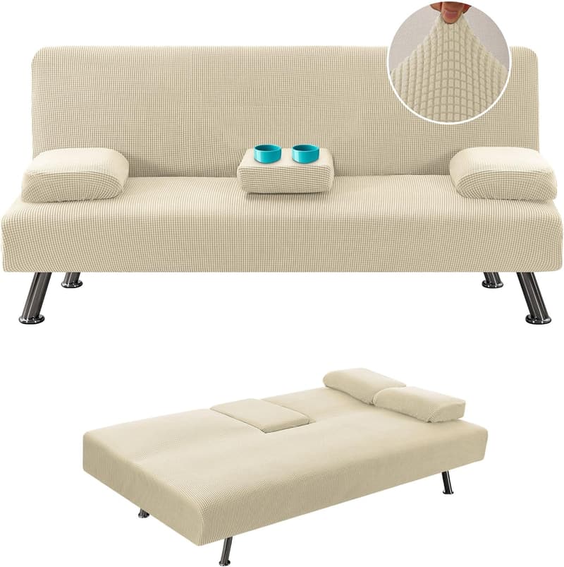 Stretch Futon Cover Set with Armrests & Cupholders - Natural