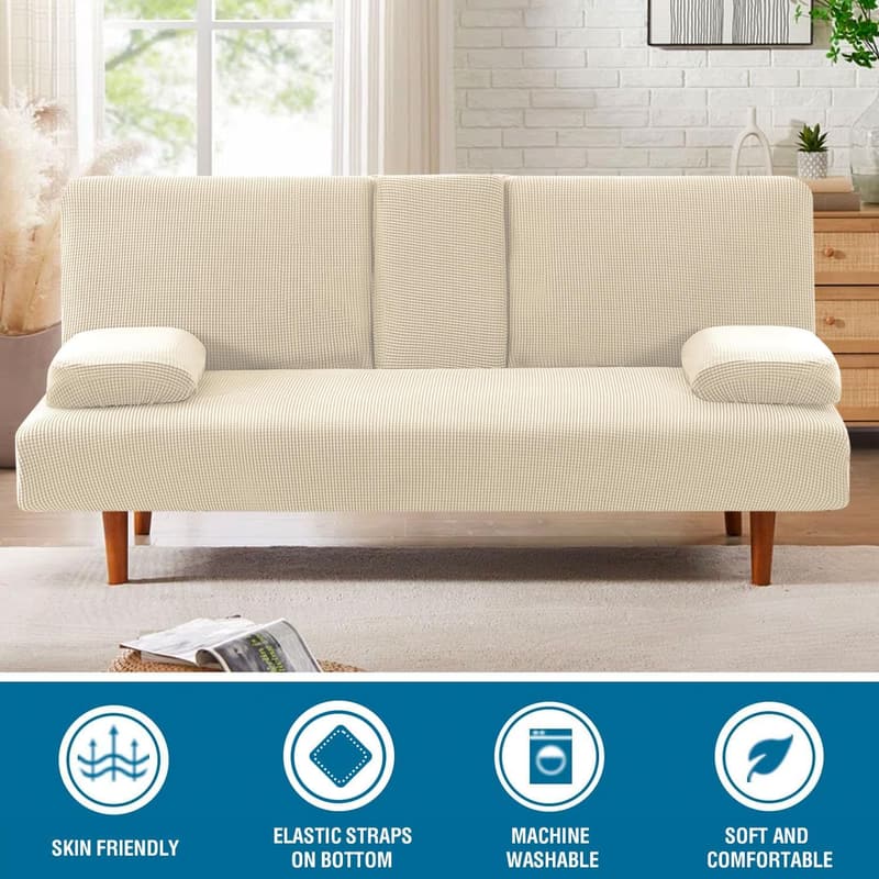 Stretch Futon Cover Set with Armrests & Cupholders - Natural