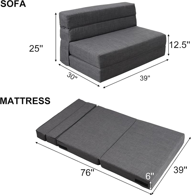 Foldable Memory Foam Sofa Bed with Pillow - Twin Size, Dark Gray