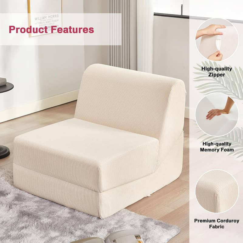 Convertible Memory Foam Futon Sofa Bed for Adults, White