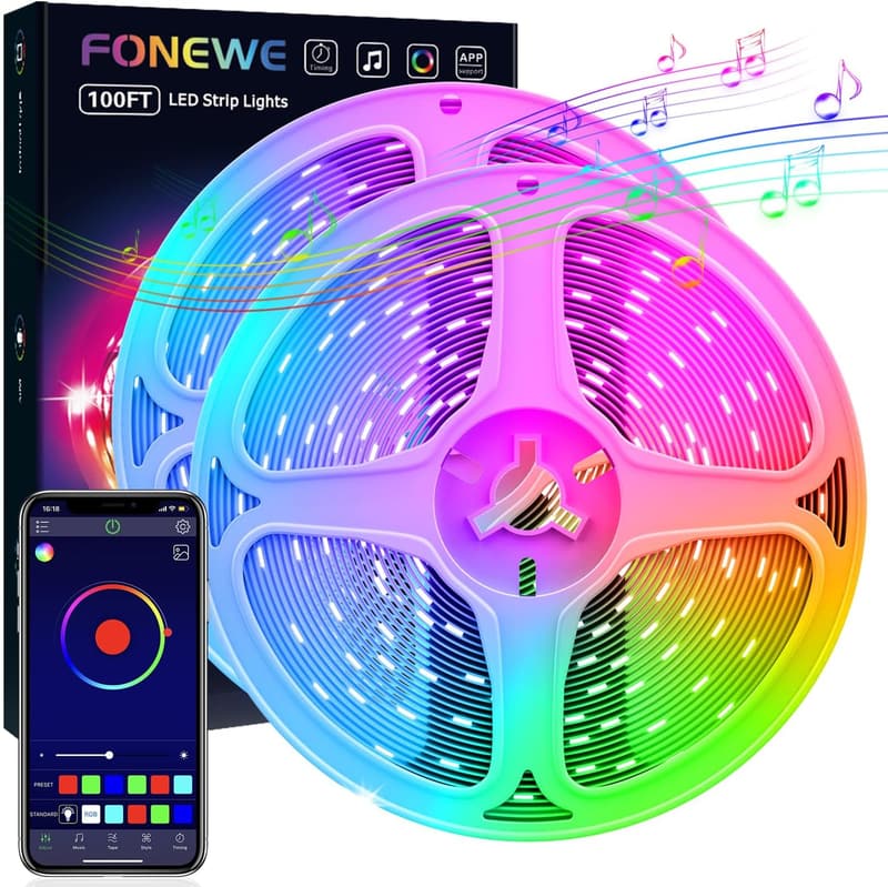 100ft RGB Music Sync LED Strip Lights with App Control