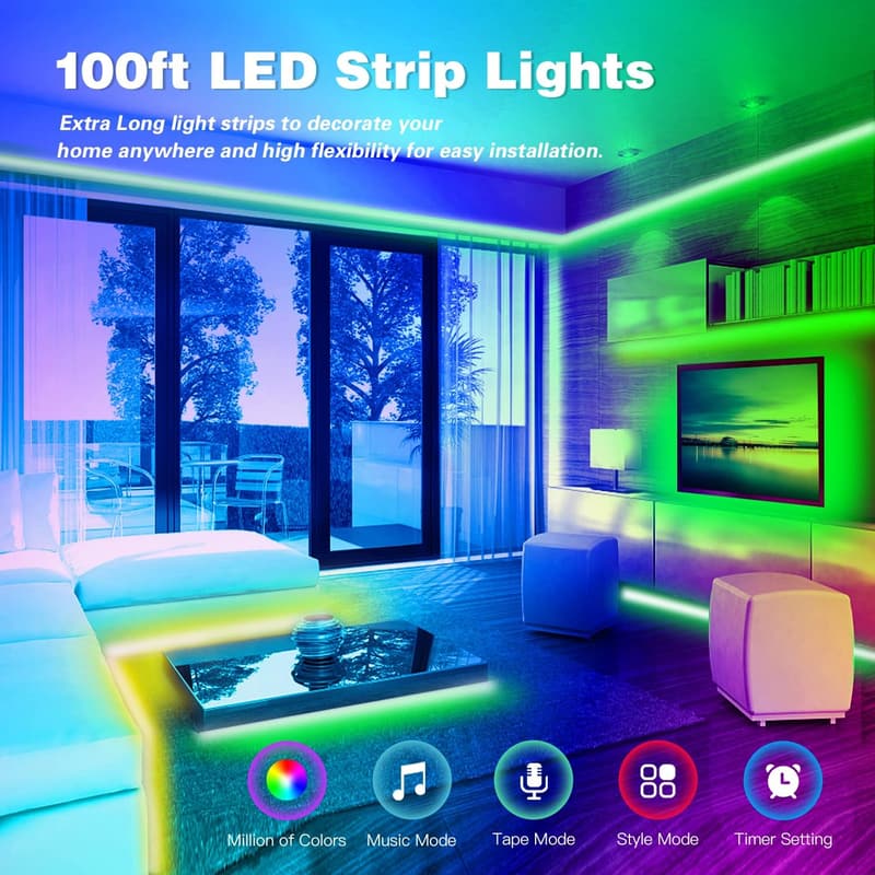 100ft RGB Music Sync LED Strip Lights with App Control